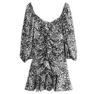 Zara Ruffle Viscose Ruched Mini Puff Sleeves Fit Flare Retro 70's Floral Dress